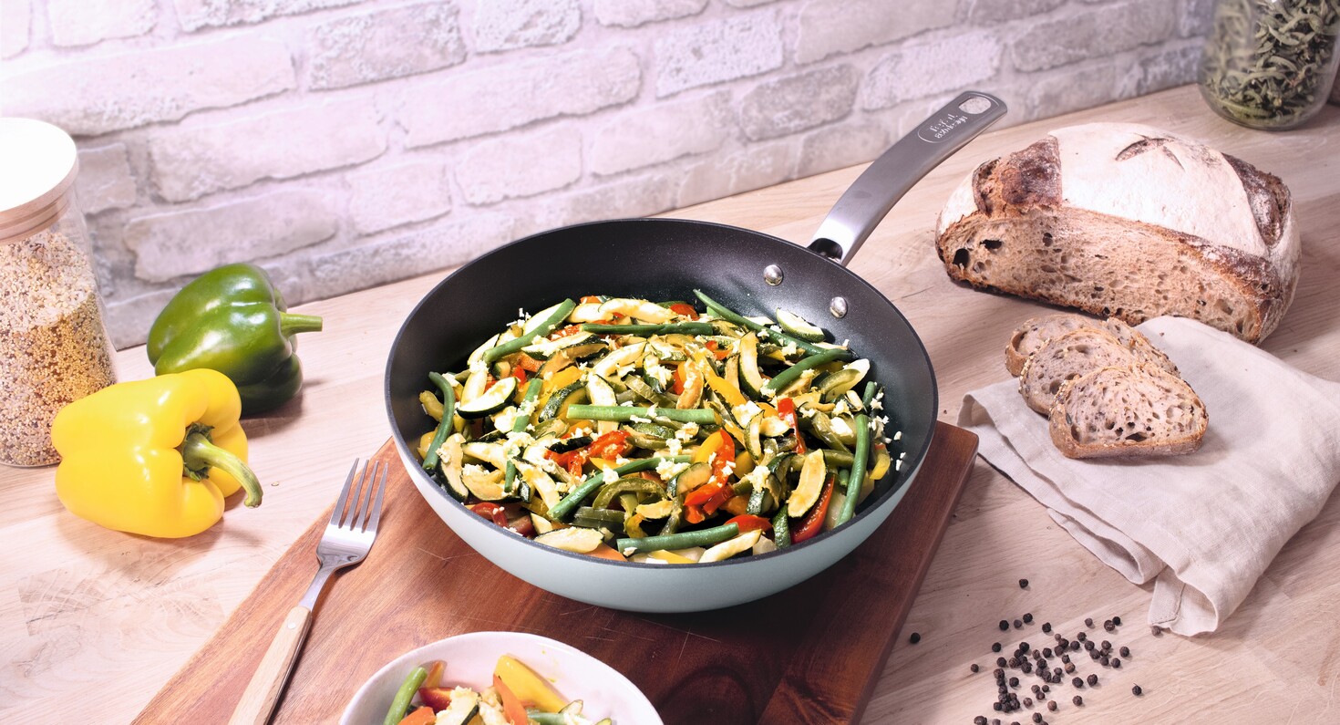 Wok-pannu lämpötilanosoittimella